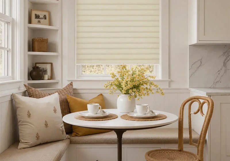 Potted plant beside a window with a sheer shade